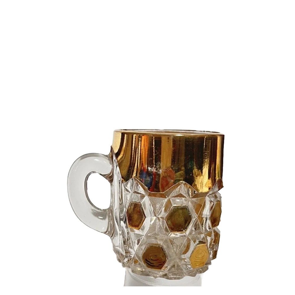 Vintage Glass Mug Cup Gold Leaf Clear Fancy Small 3" Hexagon Bevel Art Deco - Picture 3 of 7